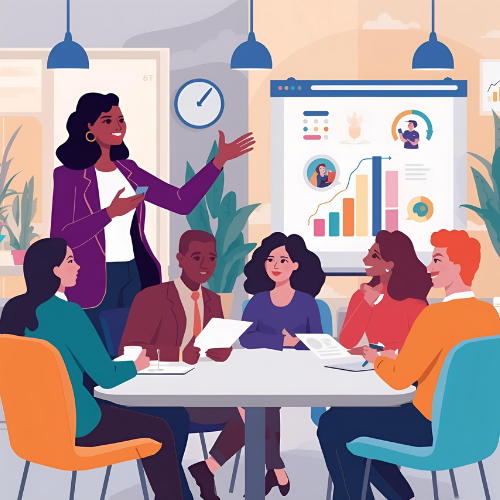 Illustration of a diverse marketing team in a meeting, with a woman presenting charts and analytics on a screen in a modern office setting.