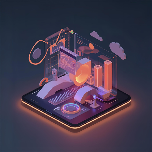 3D illustration of a glowing tablet projecting charts, graphs, and digital analytics elements in orange and purple hues.
