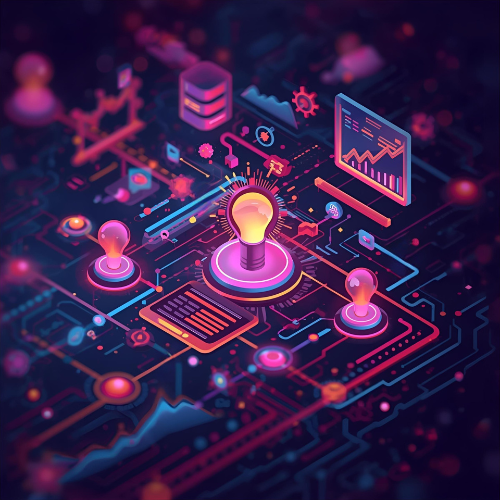 Abstract digital illustration showing glowing network connections, data charts, and futuristic technology elements in vibrant purple and orange tones.