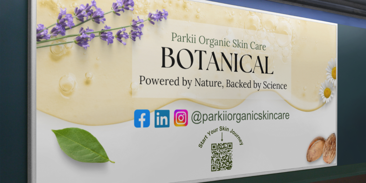 A wide landscape banner for Parkii Organic Skin care with the tagline "Powered by Nature, Backed by Science," surrounded by lavender flowers, chamomile, and shea nuts, along with social media icons and a QR code.